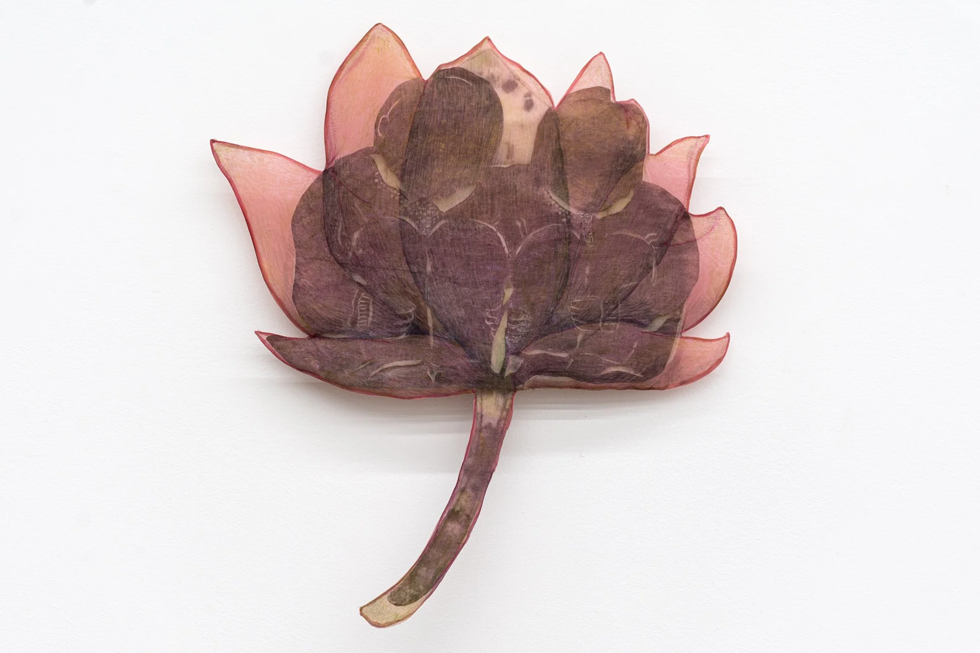 Yujia Shi, Morning Regiment, Lotus. 2025. Cochineal dye and marker on cotton organdy, silk organza and felt. Approx. 15 x 17.5 inches.
