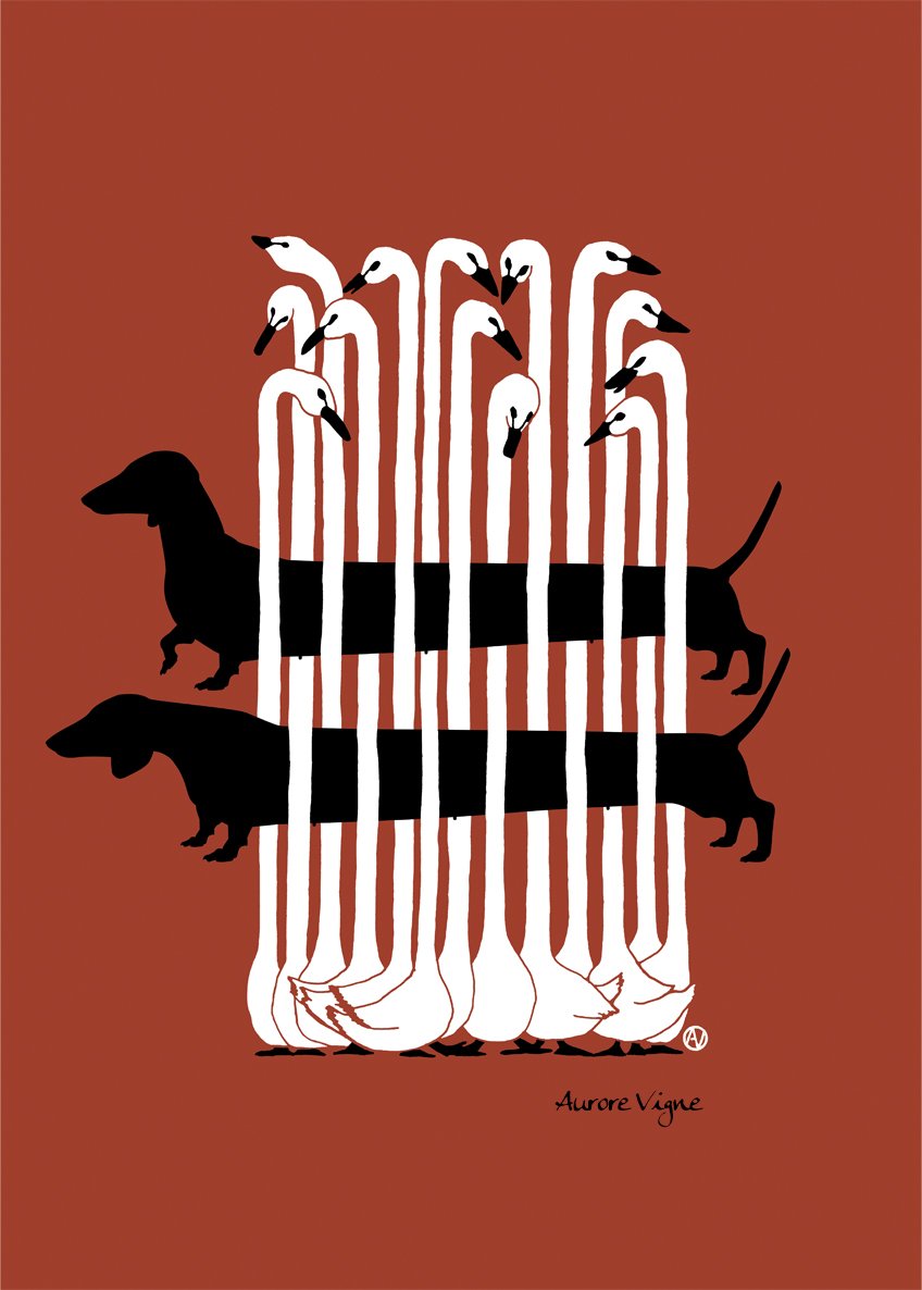 Goose’s trap.

The poster features a group of goose with very long necks.
They seem very busy in a high class conversation meanwhile two Dachshund dogs are passing through their neck.
The goose's neck creates a trap, into which the dogs are caged.
