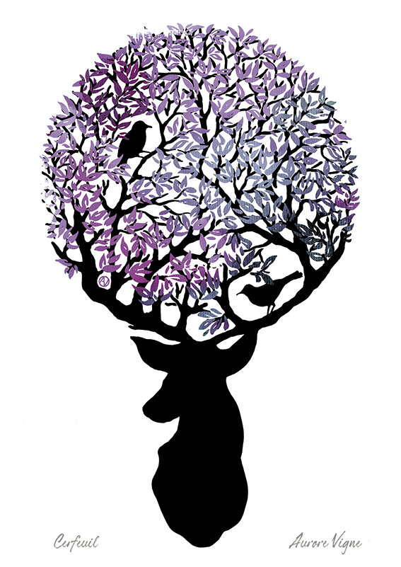 Cerfeuil.

The tree of life as a stag whose horns became branches with leaves and birds.
©AuroreVigne

