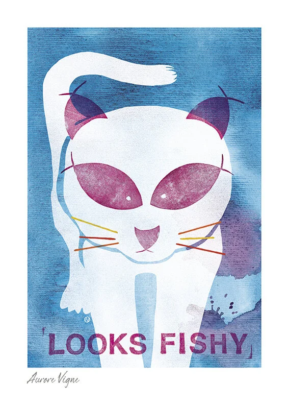 Looks fishy.

The illustration features a walking cat whose eyes and ears are made of fishes.
Painted with watercolor and self-made stamps for the body and the fishes.
The mustache was embroidered with colored thread.
©AuroreVigne