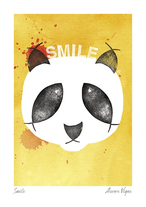 Smile.

The illustration features a panda bear whose eyes and ears are made of fishes.
The word "Smile" is in opposition with the look of the animal.
©AuroreVigne