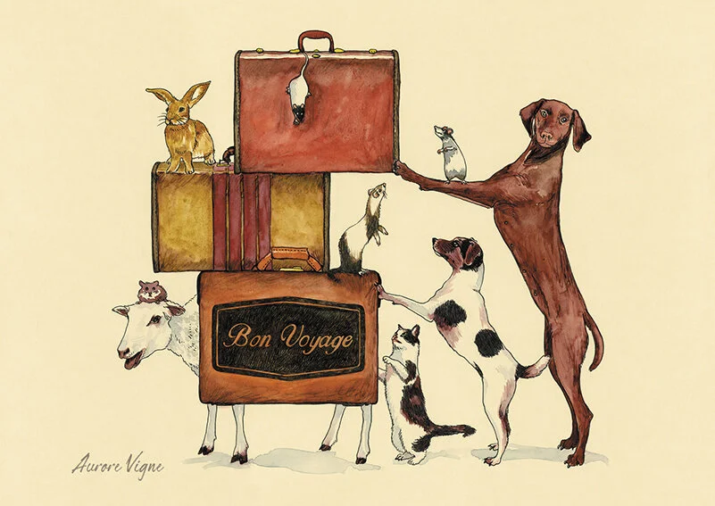 Bon voyage

The art print features a group of friends going for a vacation and pushing their suitcases : 2 dogs, a cat, a sheep, 2 mouses, a ferret and a hamster.
©AuroreVigne