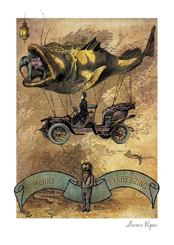 Merry Everything

The art print features a surrealist scene between 2 characters from the 19th century, a flying car, a lanternfish aerostate, an elephant and a deep-sea diver…
This illustration is from my collection of 4 "Tribute to Jules Verne".
©A
