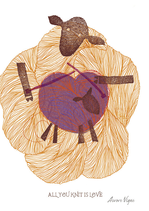 All you knit is love

The art print features a ball of yarn in a form of a sheep who is knitting. The thread is linked to her own belly in a shape of a heart : the sheep is knitting her own baby lamb.
©AuroreVigne