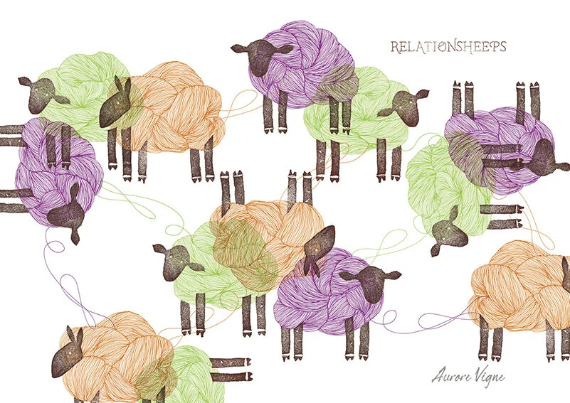 Relationsheeps

The art print features thirteen balls of yarn in a form of a sheep which are connected by threads of different colours.
©AuroreVigne