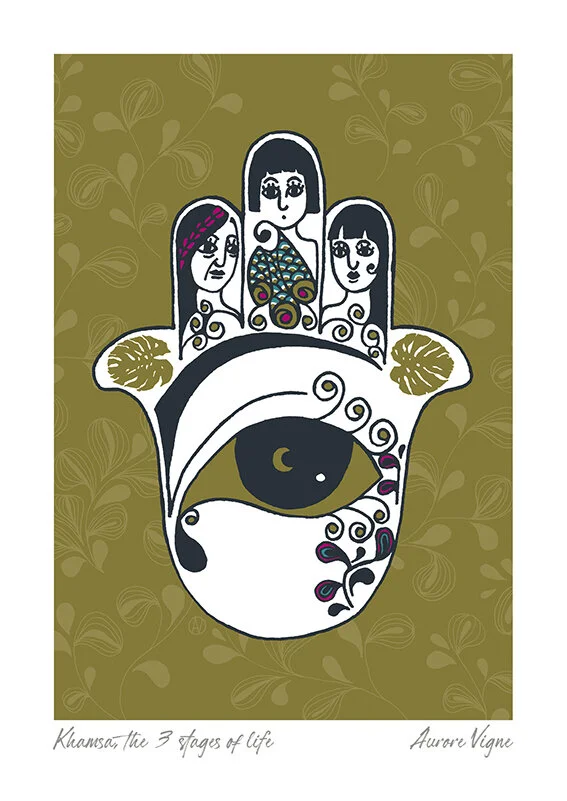 Hamsa

The poster features the Hand of Fatma, also called Hamsa.
Hamsa is a popular sign in the Middle East and North Africa, it traditionally protects against the bad luck.
I made it more feminine, representing the three stages of life with the gran