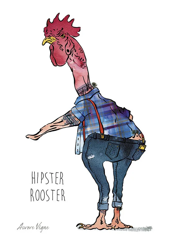 Hipster rooster

The art print features a rooster who's wearing clothes in the style of a "hipster", a fashion lover: Denim's and Canadian shirt, he's tattooed and pierced, seems to have the same hair and beard style as the fashion victims.
The illus