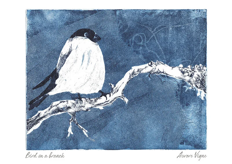 Bird in a cage
The art print features a bird sitting on a branch. In the background we see the net of a fabric which evokes a fading cage.
The original etching was created on a plate of copper and engraved with the use of aqua-forte (Nitric acid) a