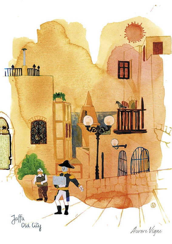 Napoleon in Jaffa, old city.
The poster features a street called Simtat Shimon Haburski in the old city of Jaffa (or Yafo), South Tel Aviv, Israel. 
The house of Simon the tanner is located in the end of this street and its story related to Saint Pe