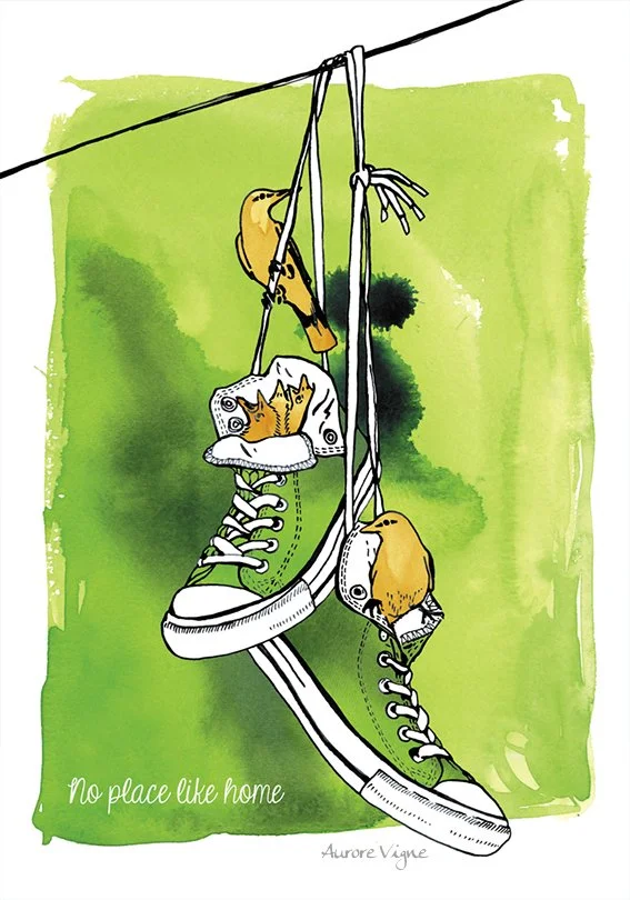 No place like home.

The art print features a family of orioles…
The birds made a house from a pair of Converse All Star shoes hanged on an electric wire.