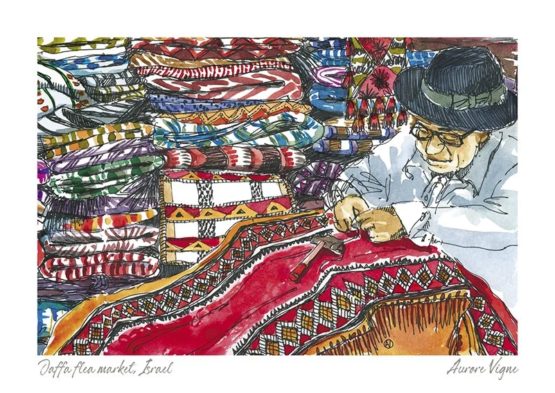 Man repairing carpet, Jaffa flea market, Israel.
The art print features a man repairing an old carpet in his shop in the flea market of Yafo.