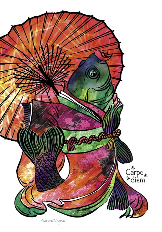 Carpe diem.

The art print features a carp wearing a kimono, and holding a umbrella.
The latin saying "Carpe diem" means "Enjoy the present day".