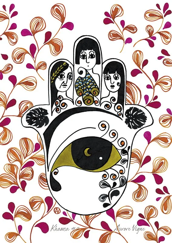 Hamsa

The poster features the Hand of Fatma, also called Hamsa.
Hamsa is a popular sign in the Middle East and North Africa, it traditionally protects against the bad luck.
I made it more feminine, representing the three stages of life with the gran