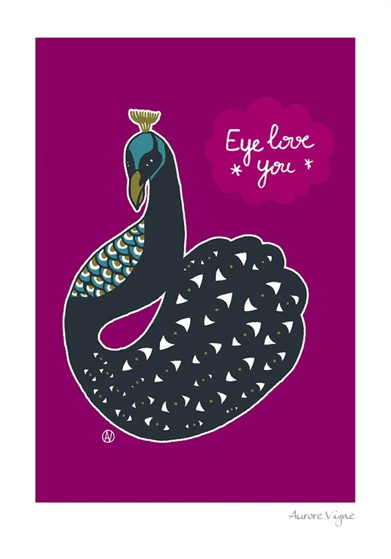 Eye love you.

The poster features a peacock whose feathers became eyes.
The game of words with the title "Eye love you" evokes how Love can be shown in various ways.