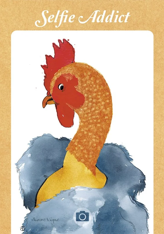 Selfie addict

The art print features a hen wearing a blue fur coat and looking at us in the eyes…
The frame evokes the screen of a smart phone and the button to take a photo appears on the bottom of the image. We can understand that the lady-chicken