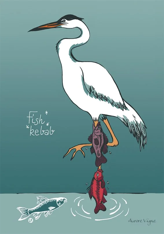 Fish kebab. 

The poster features a heron bird fishing in an unusual way.
Fishes are placed on its leg as if it's a kebab stick.