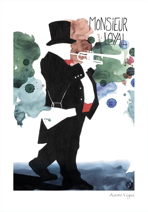 Monsieur Loyal.

The poster features the trumpet player of a march orchestra
The musician seems to be invisible all though his big belly and the music he makes are impressive !
Watercolour stains evokes the notes he plays with his instrument.
