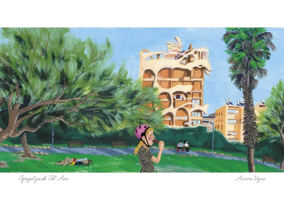 Spiegel Park, Tel Aviv, israel
The gouache painting features the famous "Crazy house", building of 9 stairs in Tel Aviv located HaYarkon street 181.
It was a hommage to Gaudi, the famous Spanish architecte. An attempt from the French architecte Léon