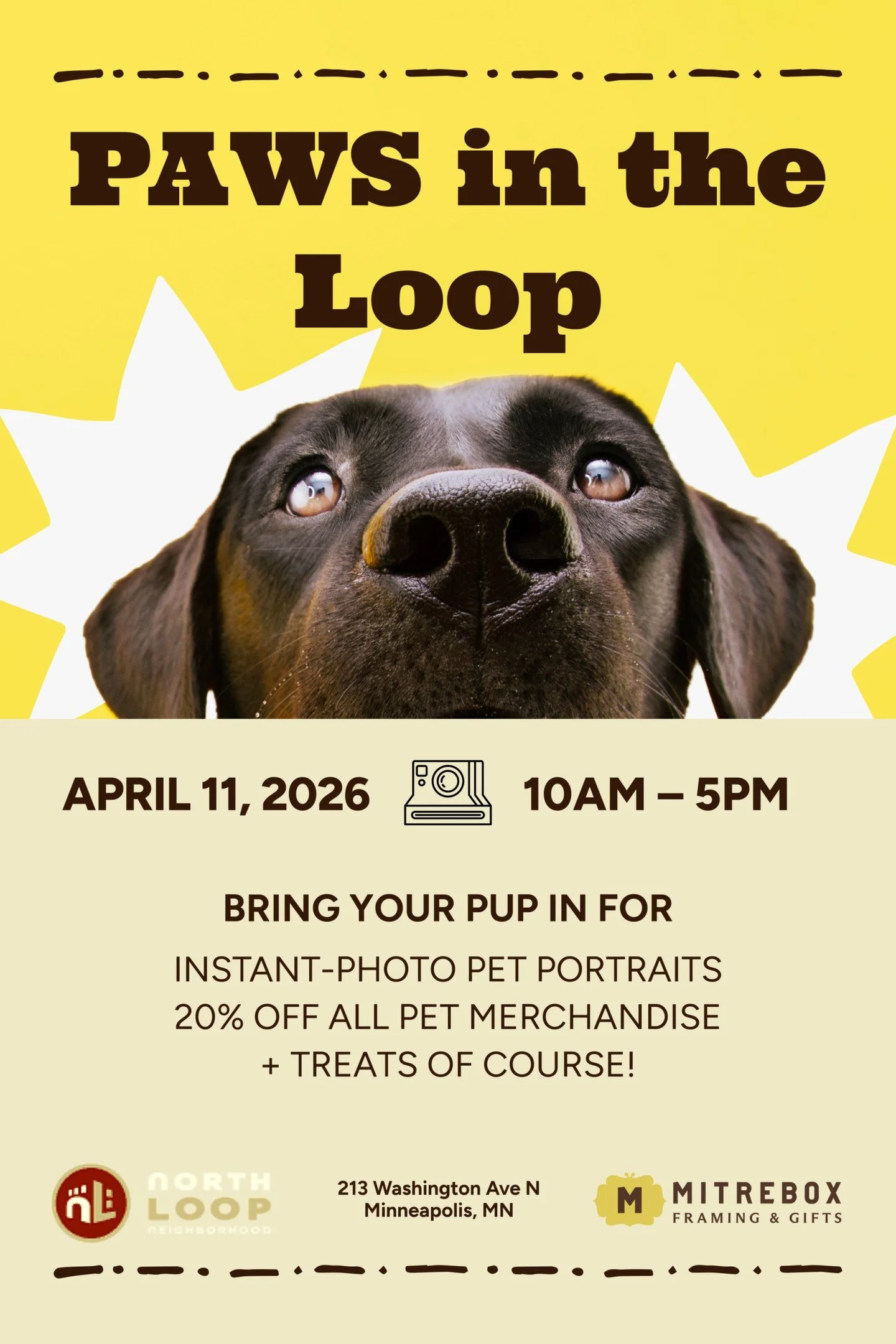 Join us this Saturday, April 11th, for Paws in the Loop with @northloopminneapolis 🐾. To celebrate and honor every sunshine-filled stroll with your best buddy, we're offering instant pet portraits and 20% off all pet merchandise (cat toys too). Choo