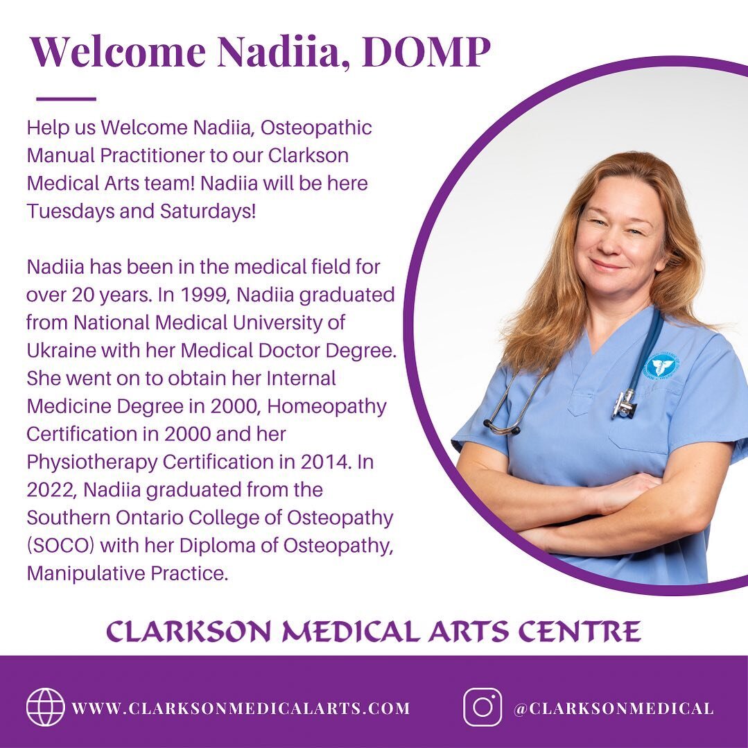 Meet our newest Team Member, Nadiia Kopersak, DOMP. Nadiia will be offering promotional rates for all new clients and will be available on Tuesdays 9am-7pm and Saturdays 9am-3pm 🤩

#clarksonmedicalarts #manualosteopath #osteopathy #healthinmississau