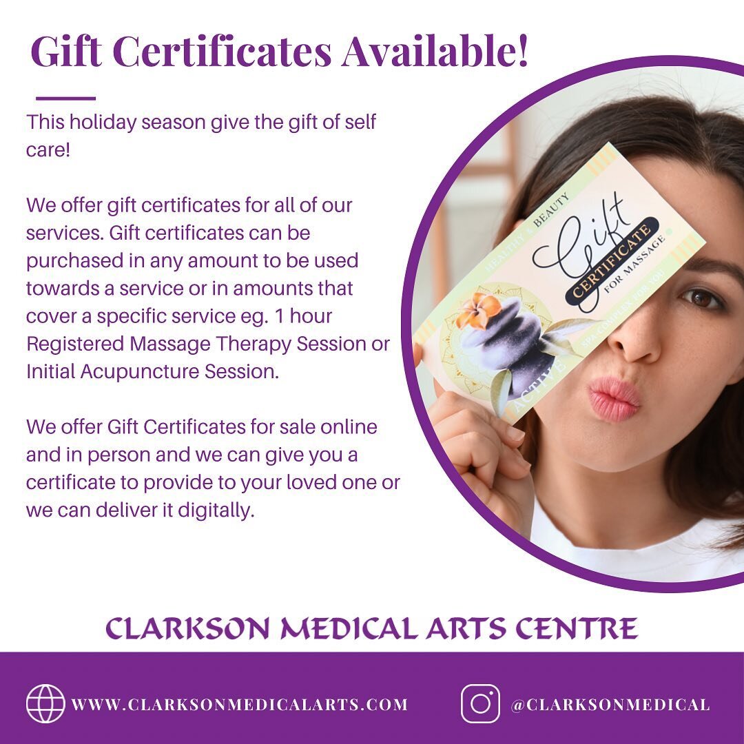 We offer gifts certificates for all of our services or in set $ amounts to be used towards a service. 

#giftcertificate #selfcare #clarksonbia #clarksonmedicalarts #holidaygiftideas