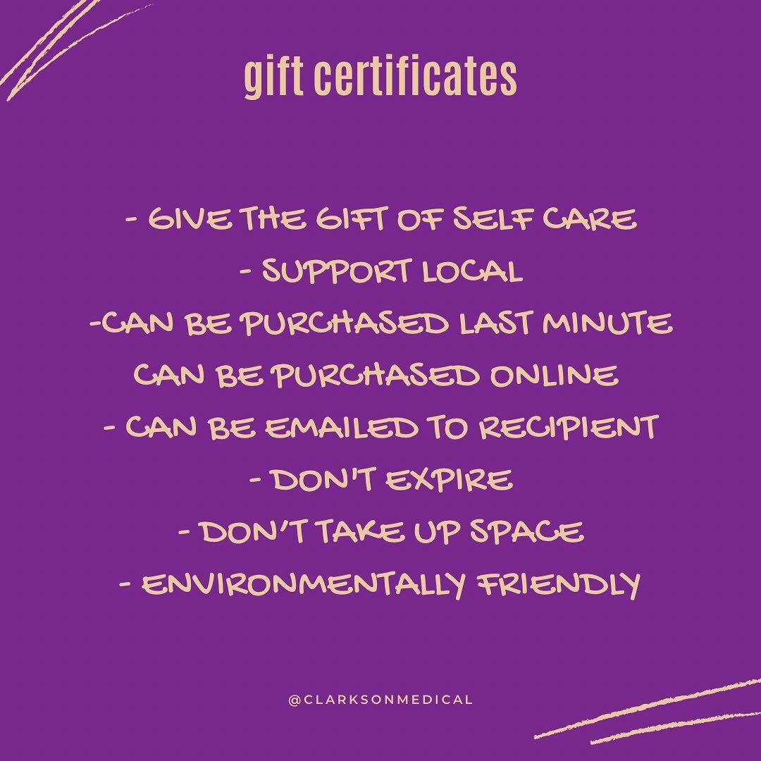 Give the gift of self care this holiday season to your loved one/s 🎁 We offer Gift Certificates for all of our services at Clarkson Medical Arts Centre. You can even purchase online and we can deliver it to your recipient digitally if you prefer! 

