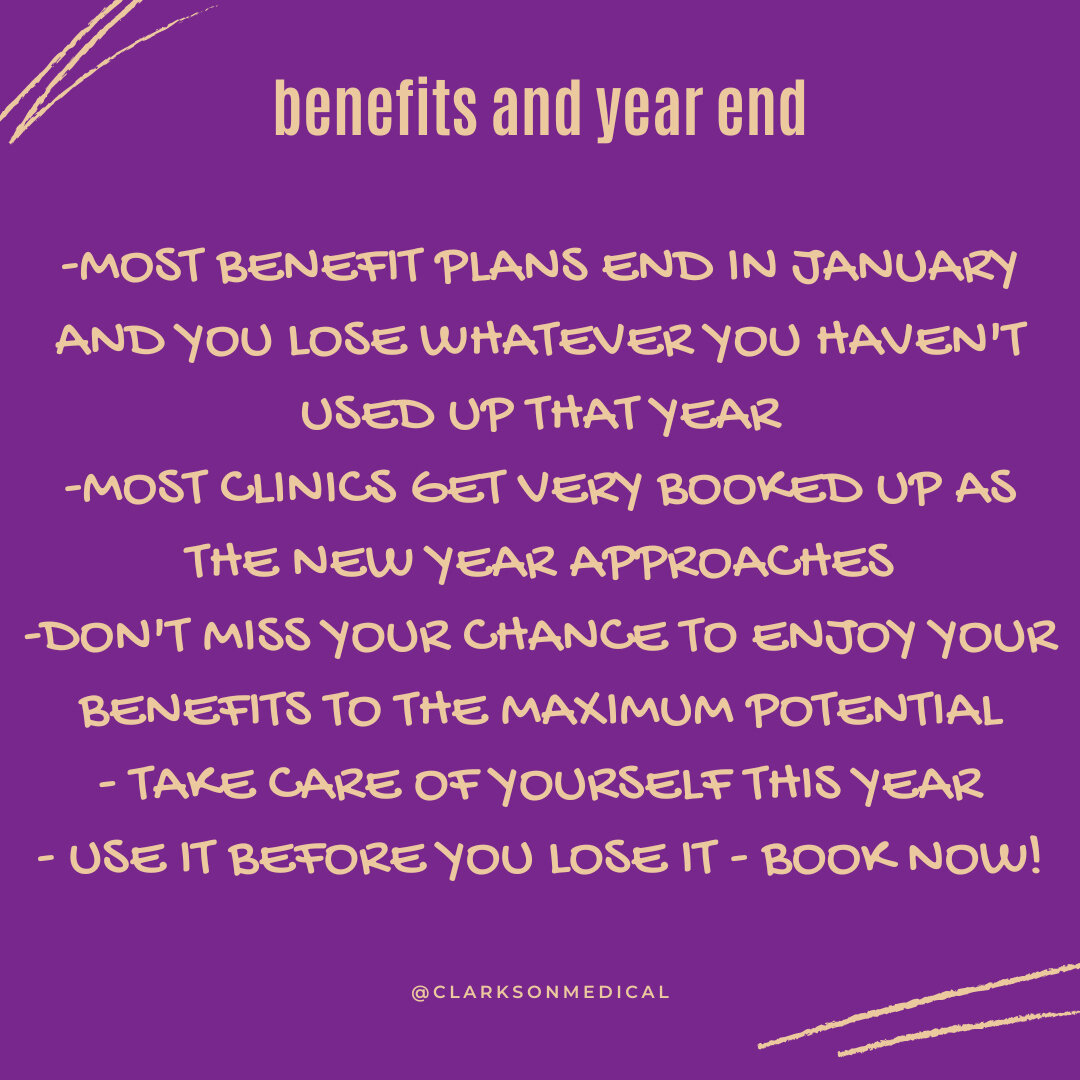 USE YOUR BENEFITS! ​​​​​​​​
​​​​​​​​
Most benefits plans expire Dec 31. We are almost fully booked for the remainder of the year so get in touch as soon as possible to take advantage of your remaining benefits!​​​​​​​​
​​​​​​​​
#useitbeforeyouloseit 