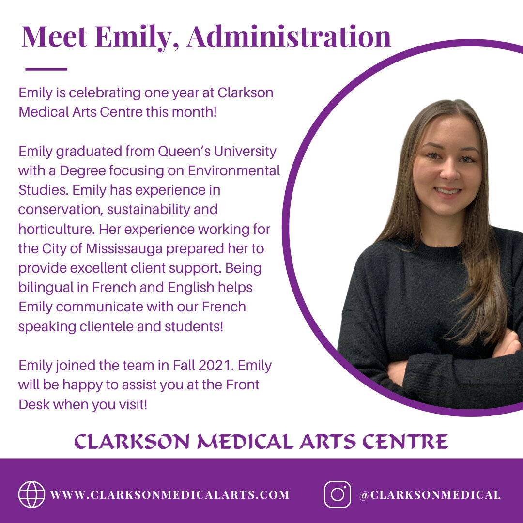 This is Emily, our administrator. We are celebrating her 1 year anniversary on the Administrative Team at Clarkson Medical Arts Centre! ​​​​​​​​
​​​​​​​​
#clarksonmedical #clarksonvillage #clarksonbia #mississaugahealthclinic #administrativestaff #ad