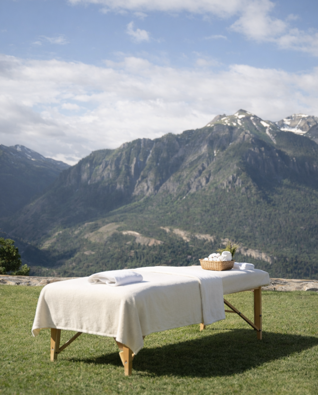An outdoor massage table with a white towel and rolled towel on a grassy area, with a mountain range and partly cloudy sky in the background.