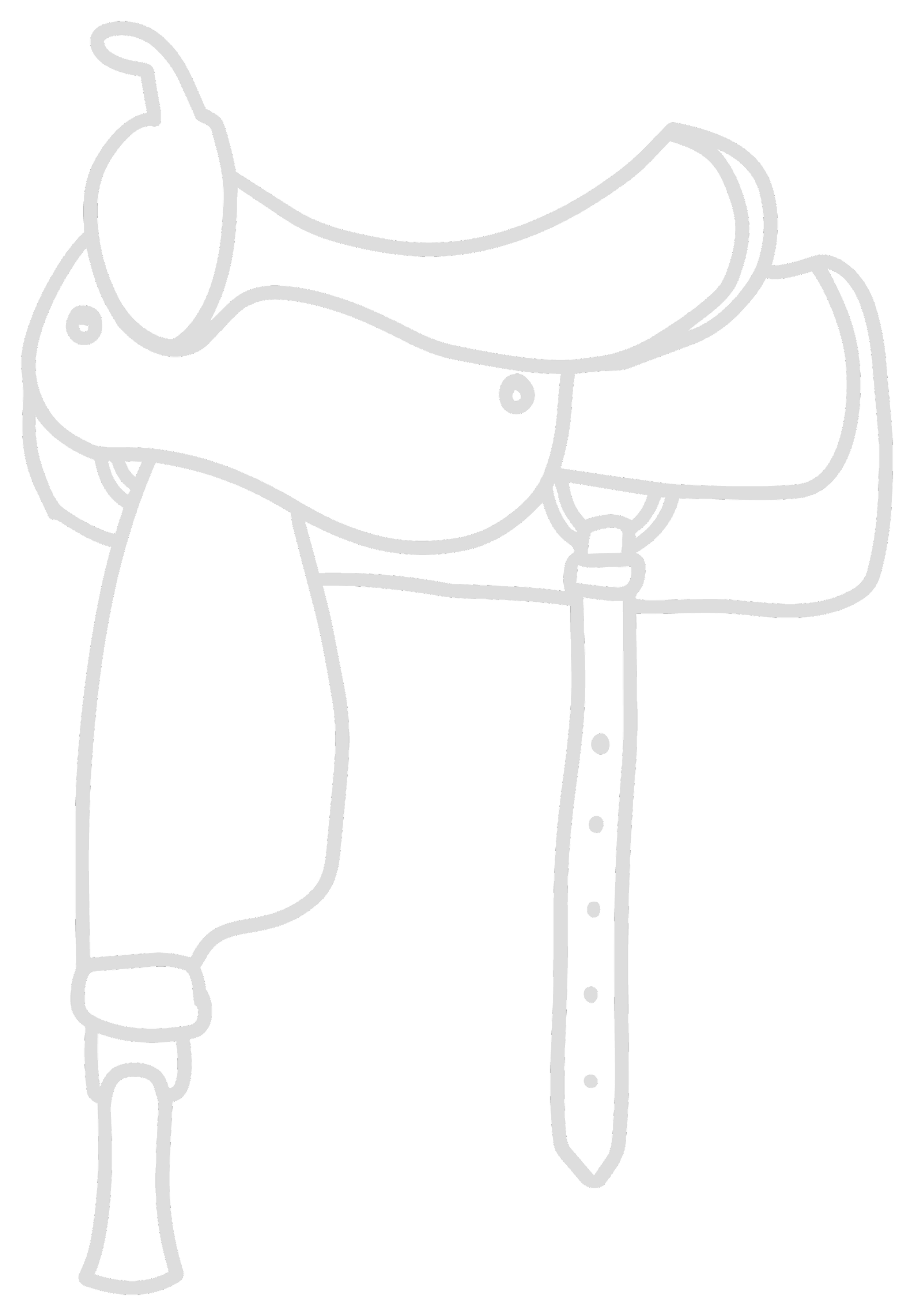 A line drawing of a cowboy hat, a whale, a sword, and a coat hanging on a hook.