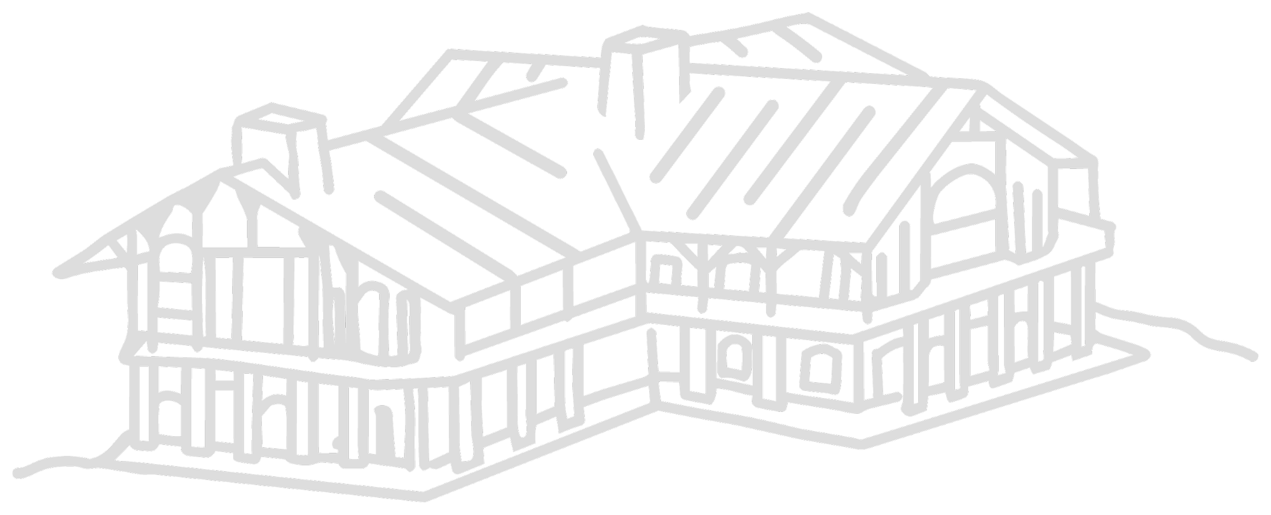 Line drawing of a house with multiple stories and architectural features on a black background.
