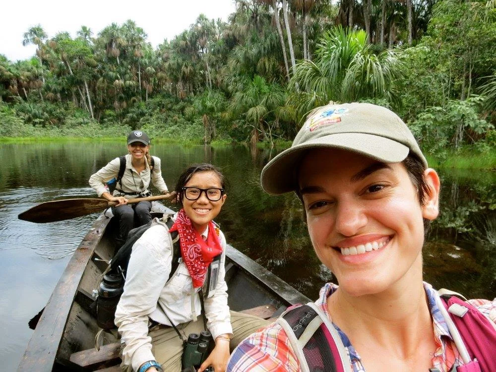 Imani Russell (rear), Krista Banda (middle) and I taking a break from data collection to canoe around a lake looking for giant otters in Peru (unfortunately we didn’t see any otters but we saw birds, monkeys, butterflies, fish and so many more aweso…