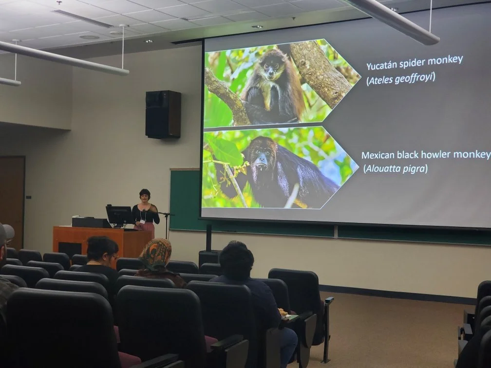 Woman standing behind a wooden podium with a slide showing pictures of spider monkeys and holwer monkeys