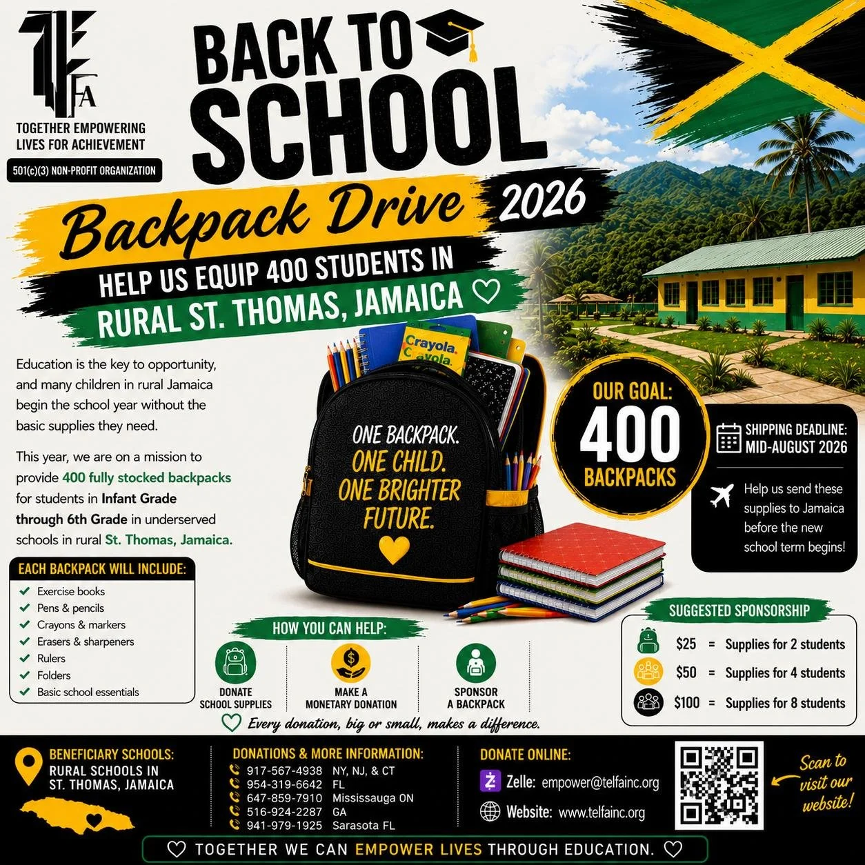 A poster for a backpack drive supporting students in St. Thomas, Jamaica. It features a graduation cap icon, a backpack filled with school supplies, and the Jamaican flag. The goal is to gather 400 backpacks, with donation options listed and a deadline of mid-August 2026. The poster emphasizes education and community support for rural schools.