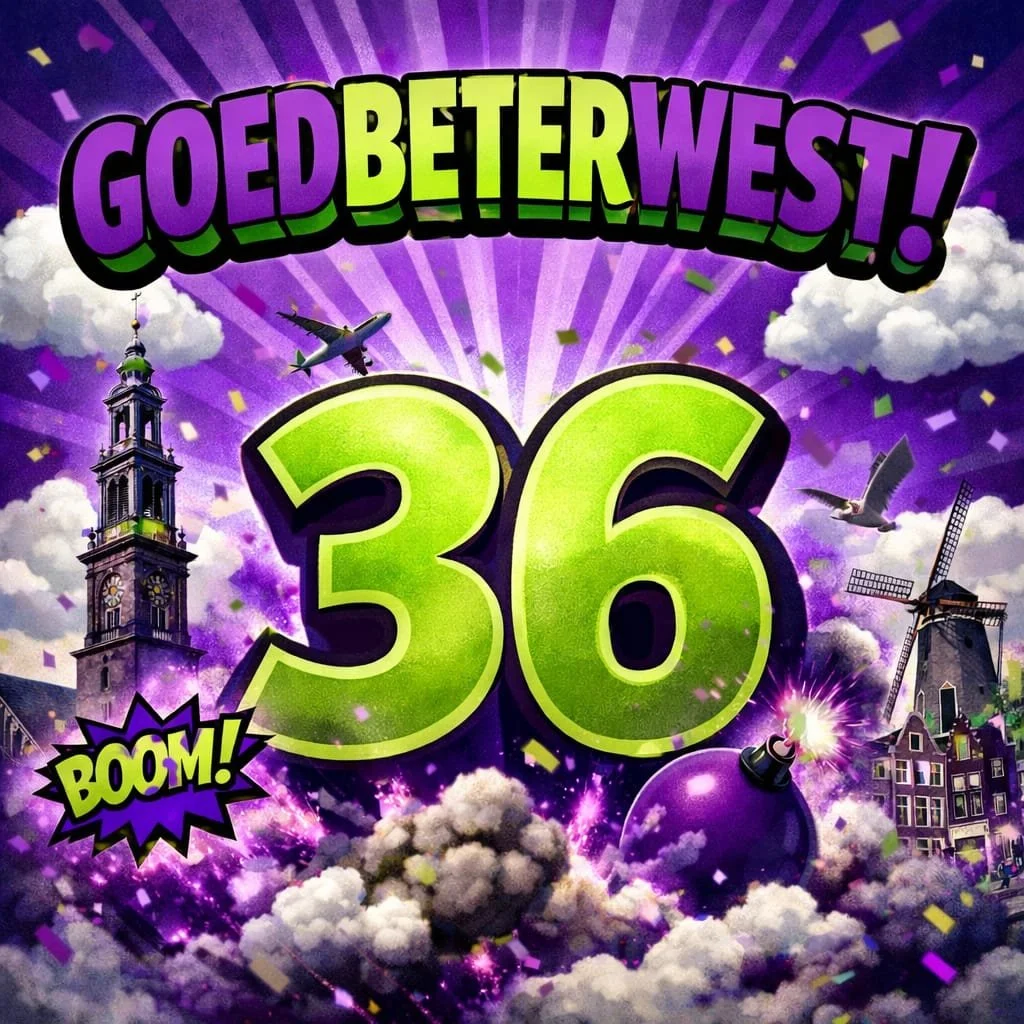 Celebratory graphic with the phrase 'GOED BETER WES!' at the top, large green number '36' in center, purple explosion with the word 'BOOM!', clouds, a church steeple, windmill, flying planes, and a purple bomb with a lit fuse, set against a purple background with confetti and explosive effects.