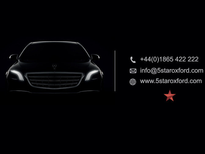 Silhouette of a luxury car with glowing headlights, accompanied by contact information including phone number, email, and website for 5 Star Oxford.