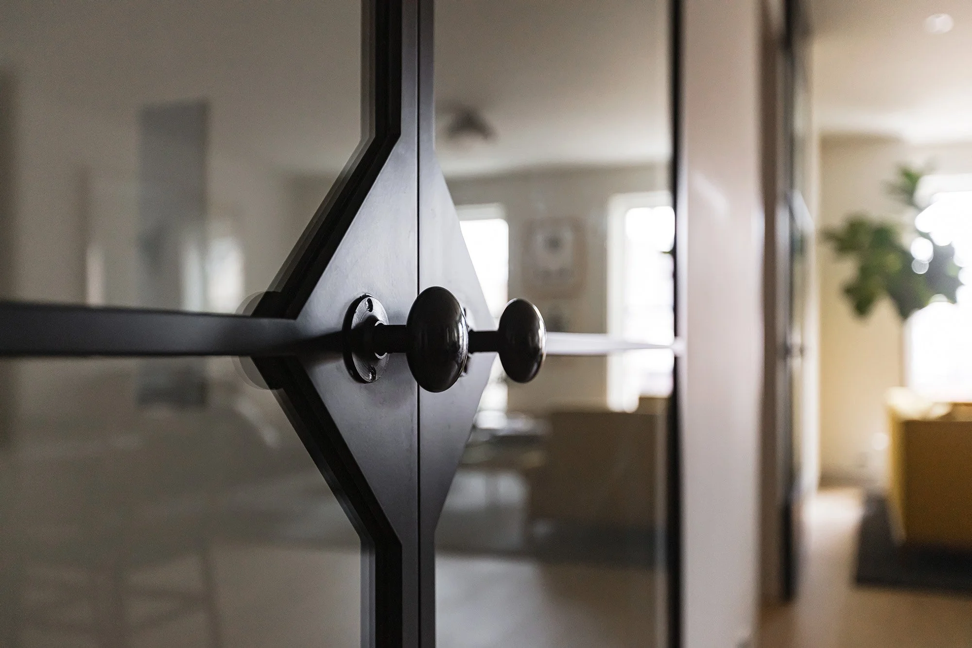 Custom steel and glass industrial style doors with custom detail