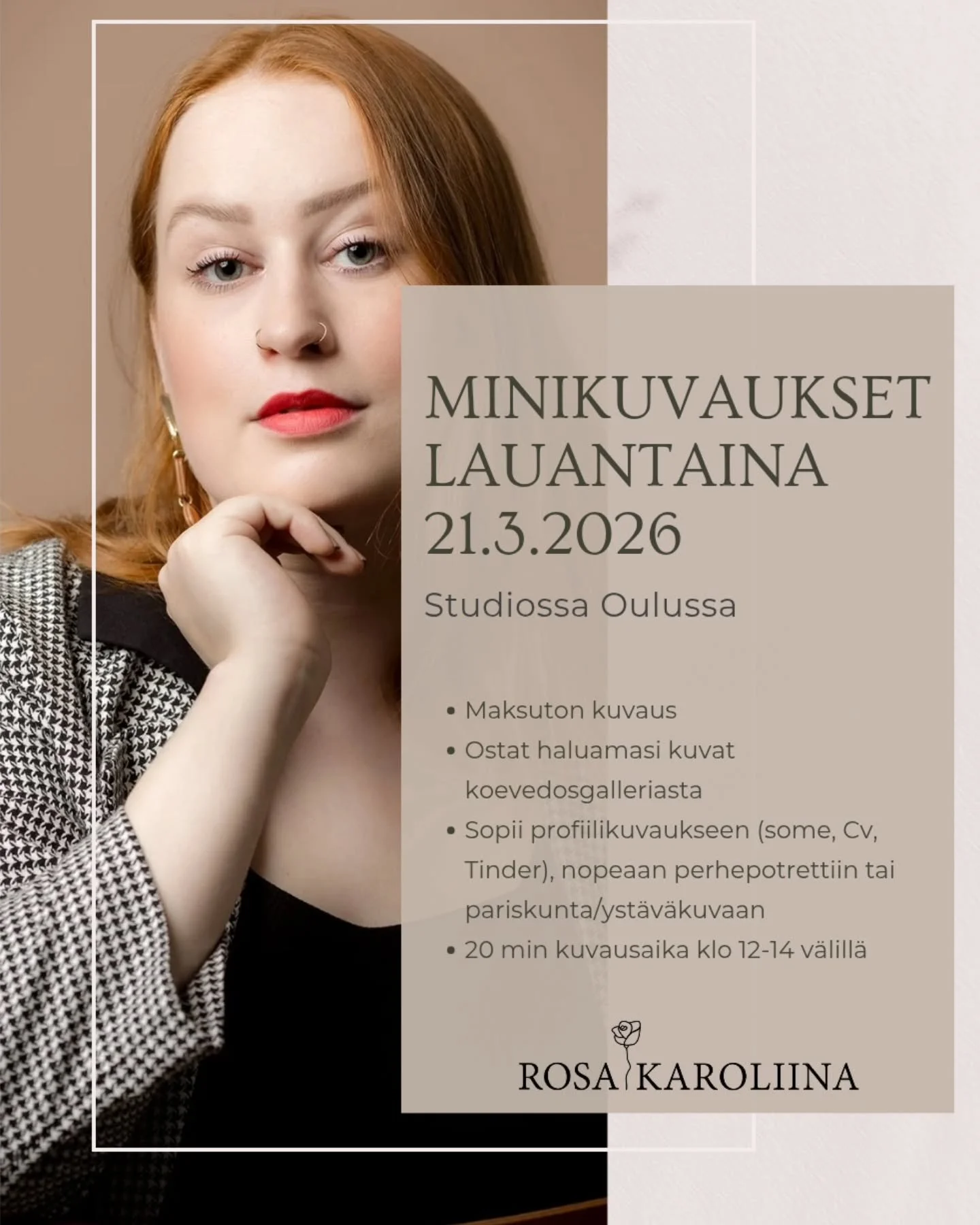 ✨ MINIKUVAUKSET lauantaina 21.3.2026 ✨

- ILMAINEN kuvaus 
- Maksat vain valitsemistasi kuvista 30&euro;/kpl
- 20 min kuvausaika

KENELLE?
🤍 Yritt&auml;j&auml; tai somevaikuttaja, joka tarvitset nettisivuillesi ja someen uusia kuvia. 
🤍 Pariskunnal
