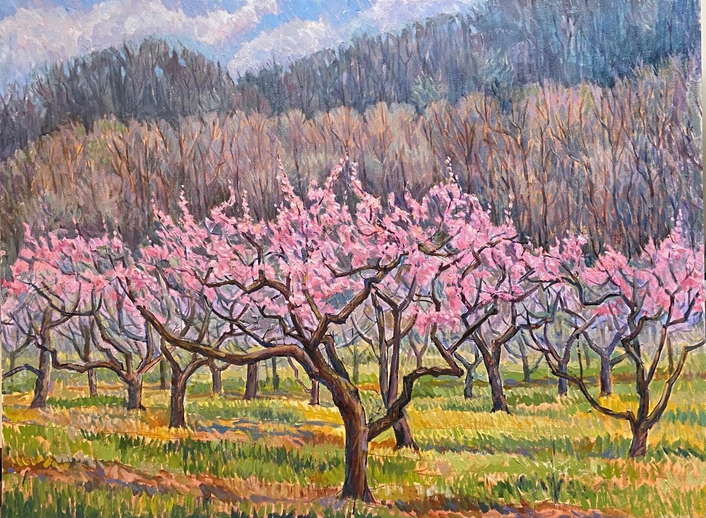In April this apple orchard a couple miles from my home will come alive with pink blossoms. Here&rsquo;s my subjective interpretation of that Wonderful place I like to visit.  Oil on canvas 30 x 40&rdquo;.
