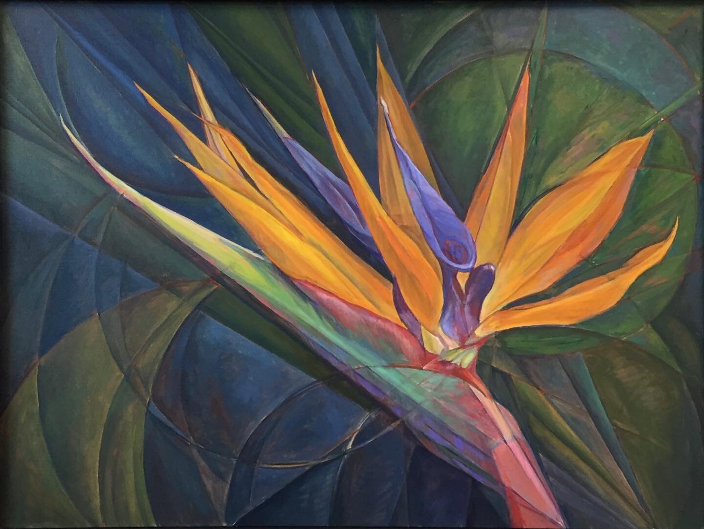 The bird of paradise has always been a wonderful memory from my growing up in a tropical climate. I saw this flower as a series of very narrow triangles and tried to reduce everything to simple geometric form. Measures 30 x 40&ldquo;