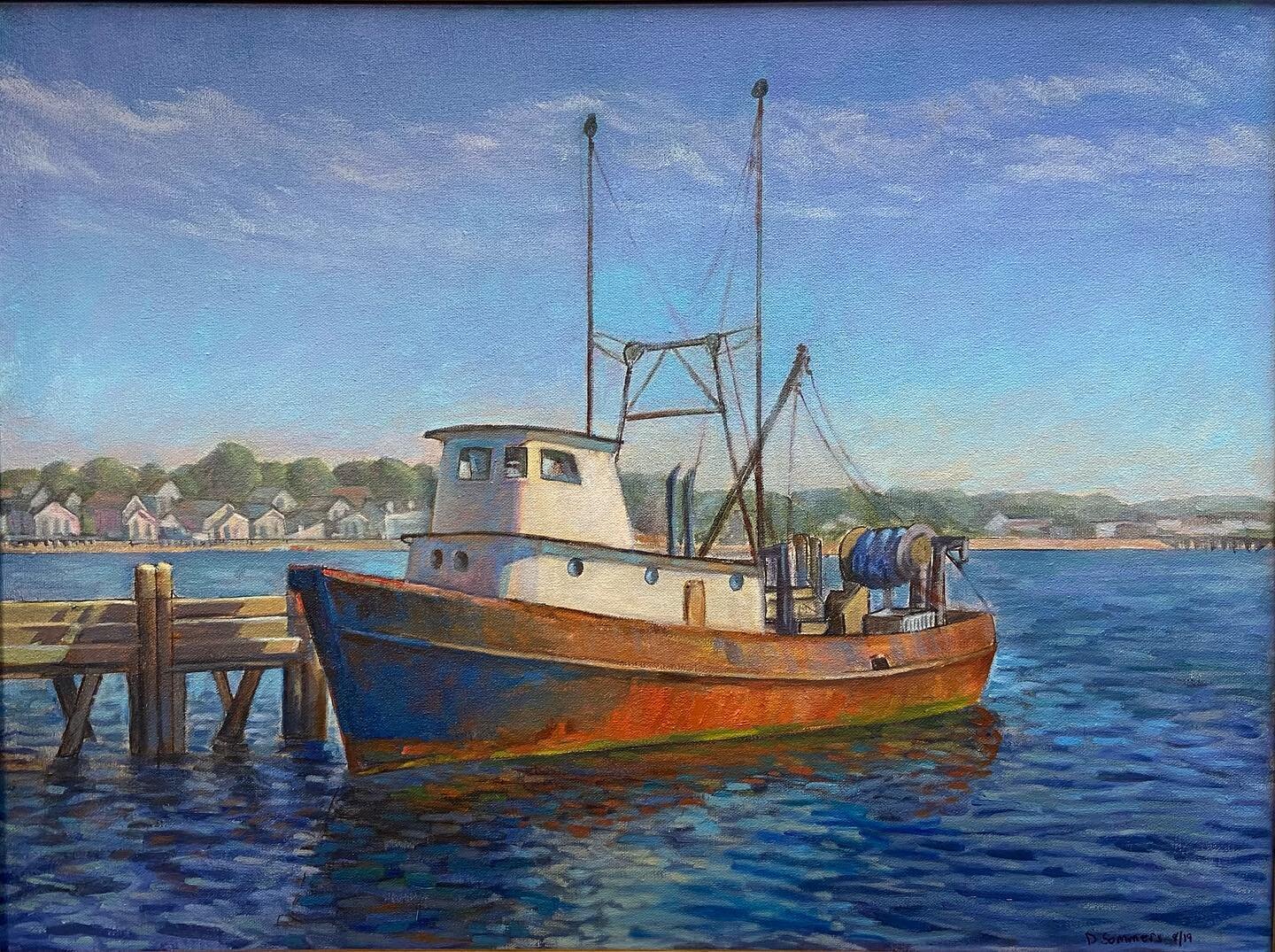 Joe &amp; I enjoy summer visits to Cape Cod &amp; the calming sea side vistas. This fishing trawler docked in Provincetown has always caught my eye. Painting water with its myriad reflections is a challenge. I also decided to edit out the other boats