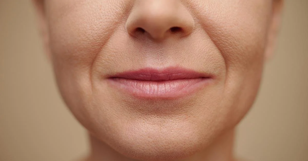 Close-up of a person's lower face showing lips and nose, with smooth skin and natural makeup.