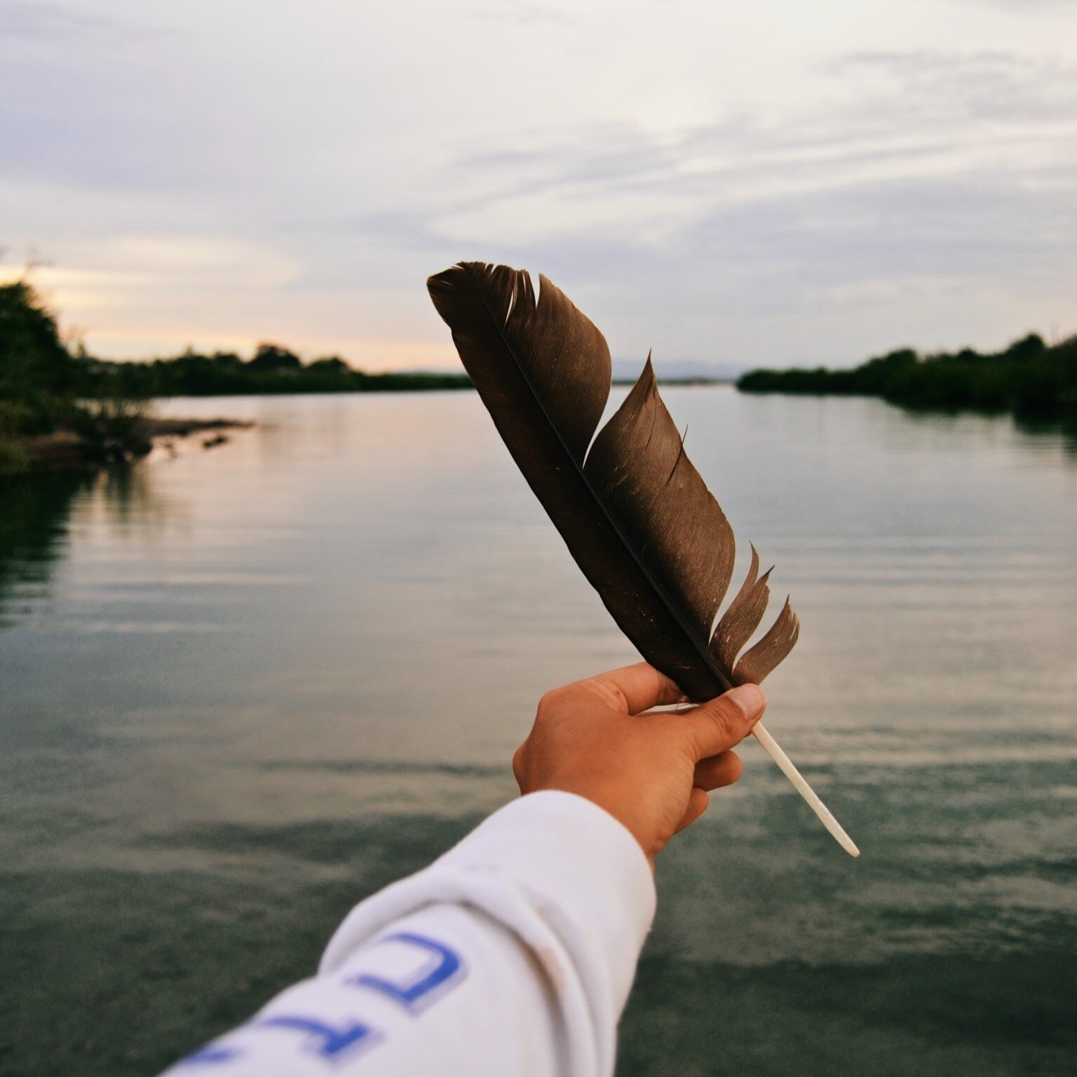 Hand holds a feather over water.