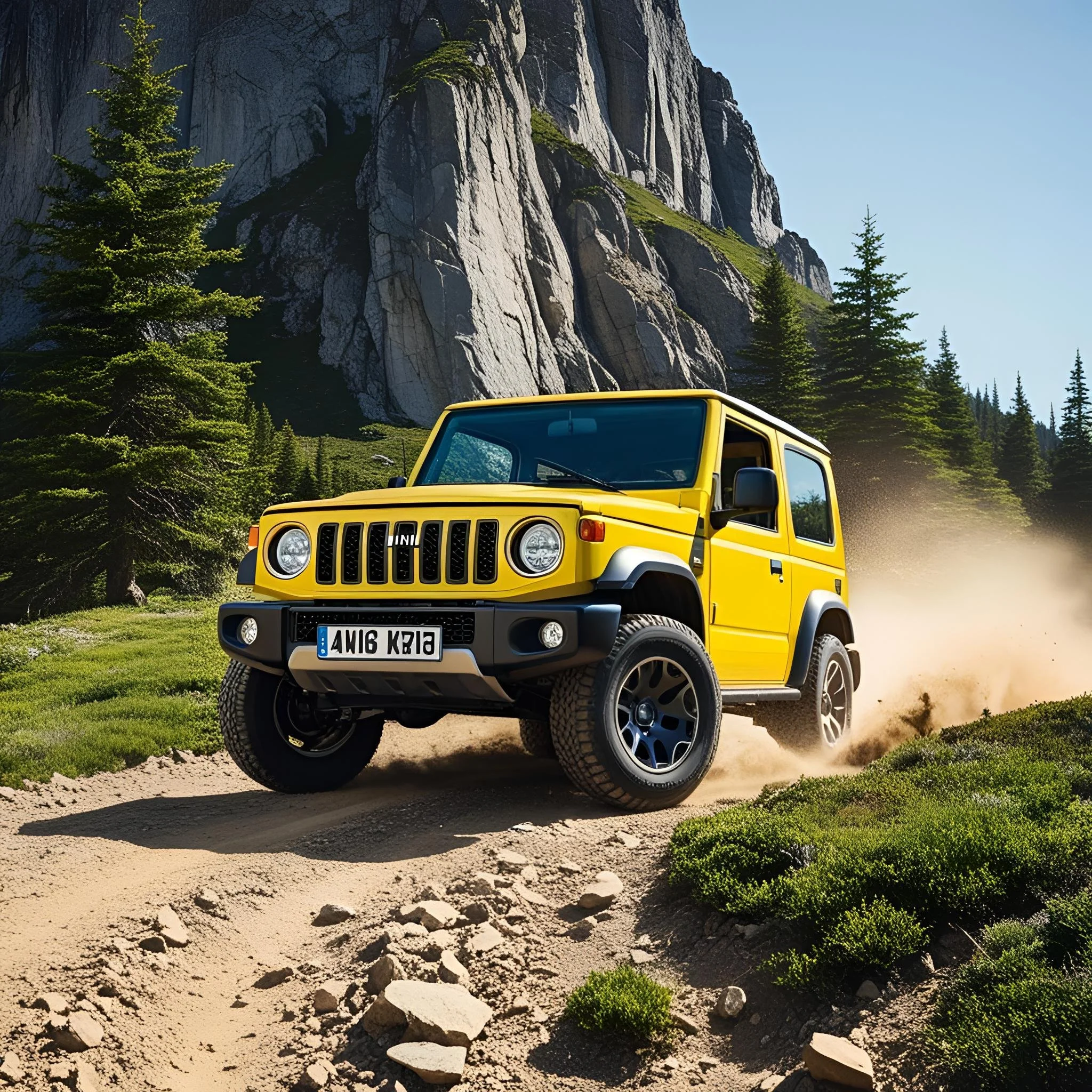 A kinetic Yellow Jimny driving up a mountain.jpg