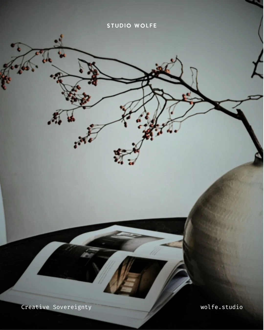 Open book beside a ceramic vase and bare branches, creating a quiet still life for the threshold of creative emergence.