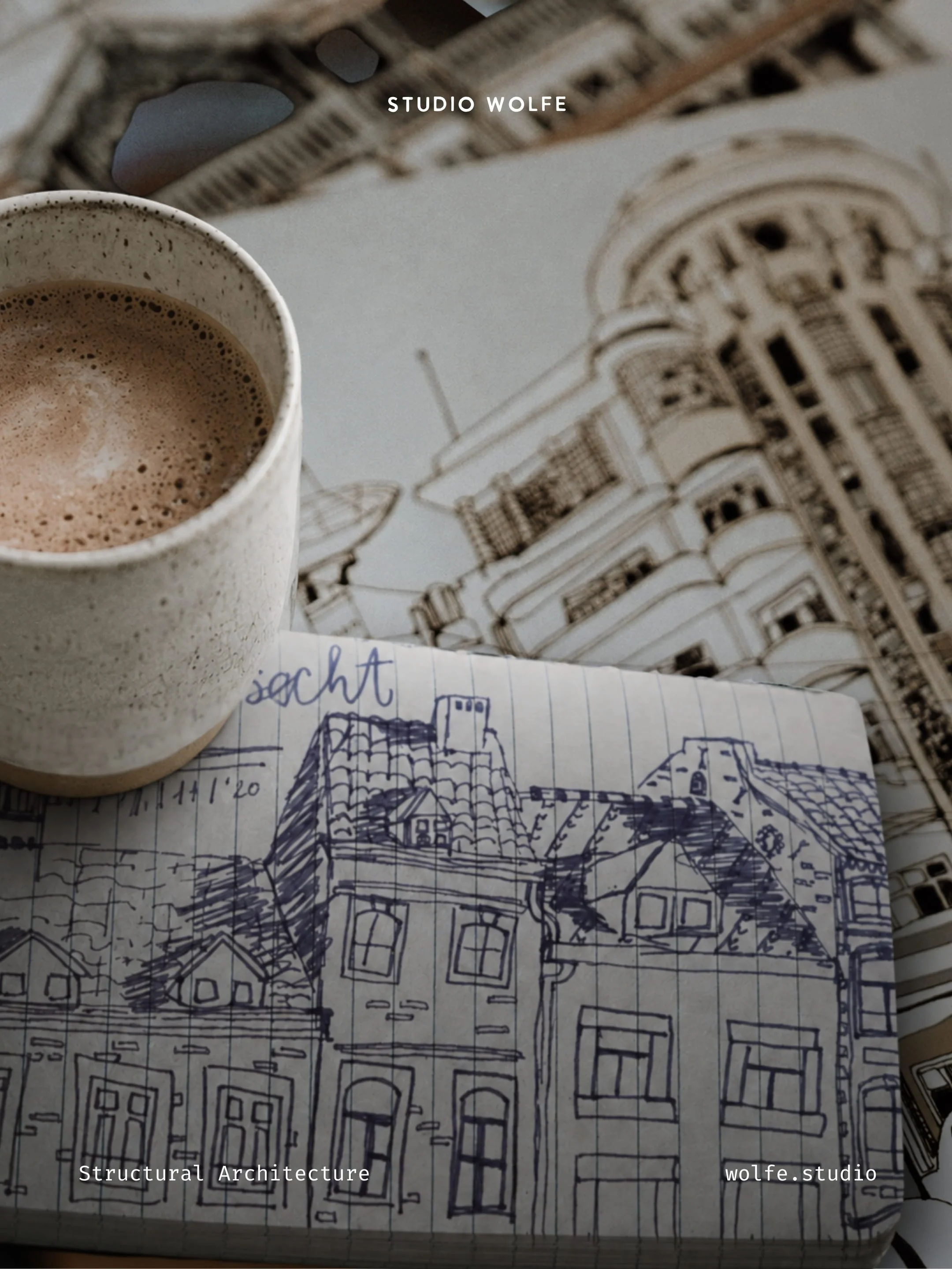 Cacao latte beside architectural drawings and a notebook sketch of buildings, suggesting structure, planning, and the conditions that shape creative work.