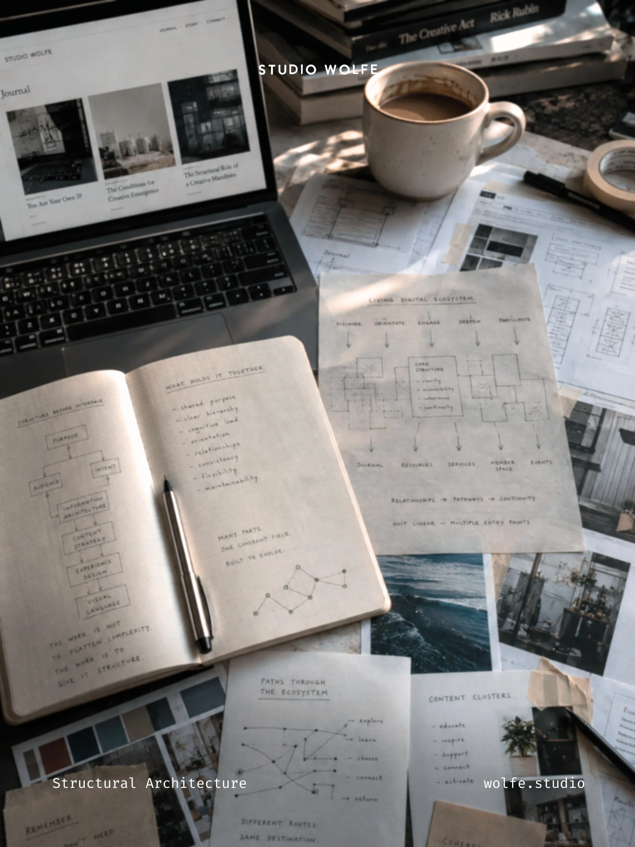 Open laptop displaying the Studio Wolfe journal beside an open notebook, printed diagrams, and site-structure notes showing pathways, relationships, and content connections.