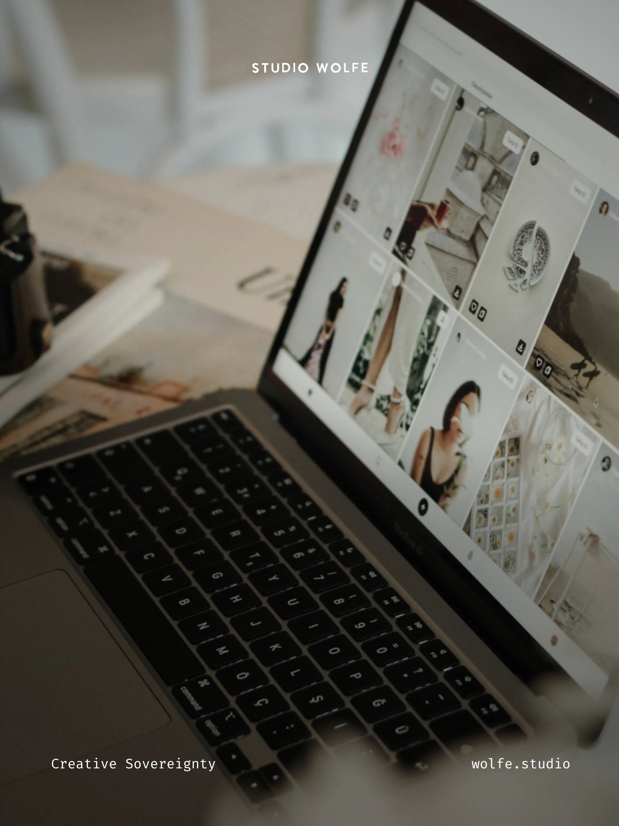 Laptop showing a grid of visual references, suggesting the process of gathering ideas into a coherent creative direction.