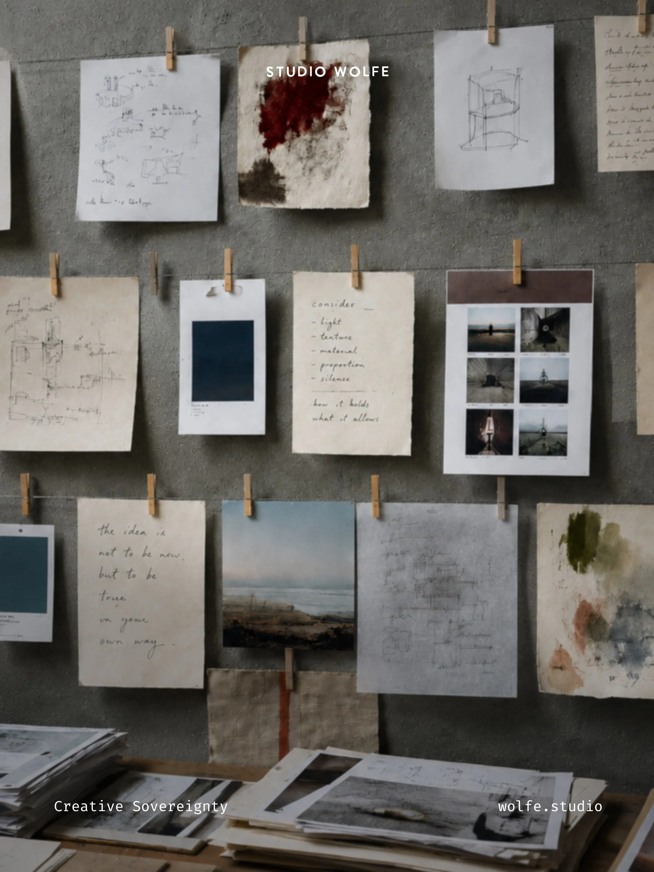 Pinned sketches, handwritten notes, photographs, colour studies, and process materials arranged on a studio wall above a desk.