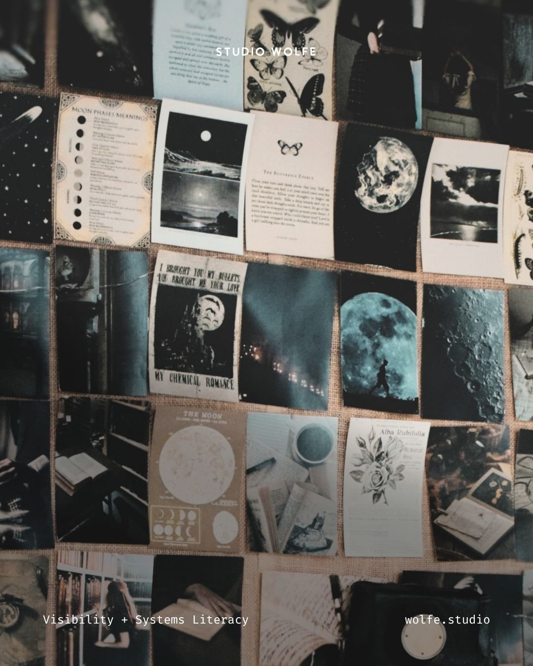 Wall of visual references, photographs and printed imagery arranged around a typewriter, representing visual research and creative image direction.